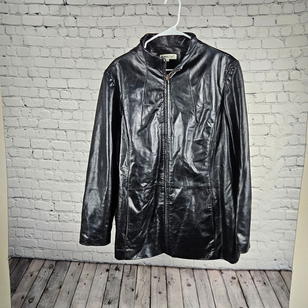 Coldwater Creek Womens 2X Black Genuine Leather Zip Front Mock Neck Jacket Coat